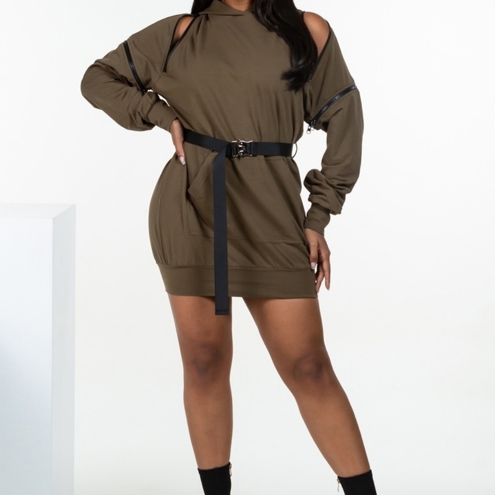 𝅺Long Sleeve Olive Belted Double Zipper Long Sleeve Hooded Mini Dress